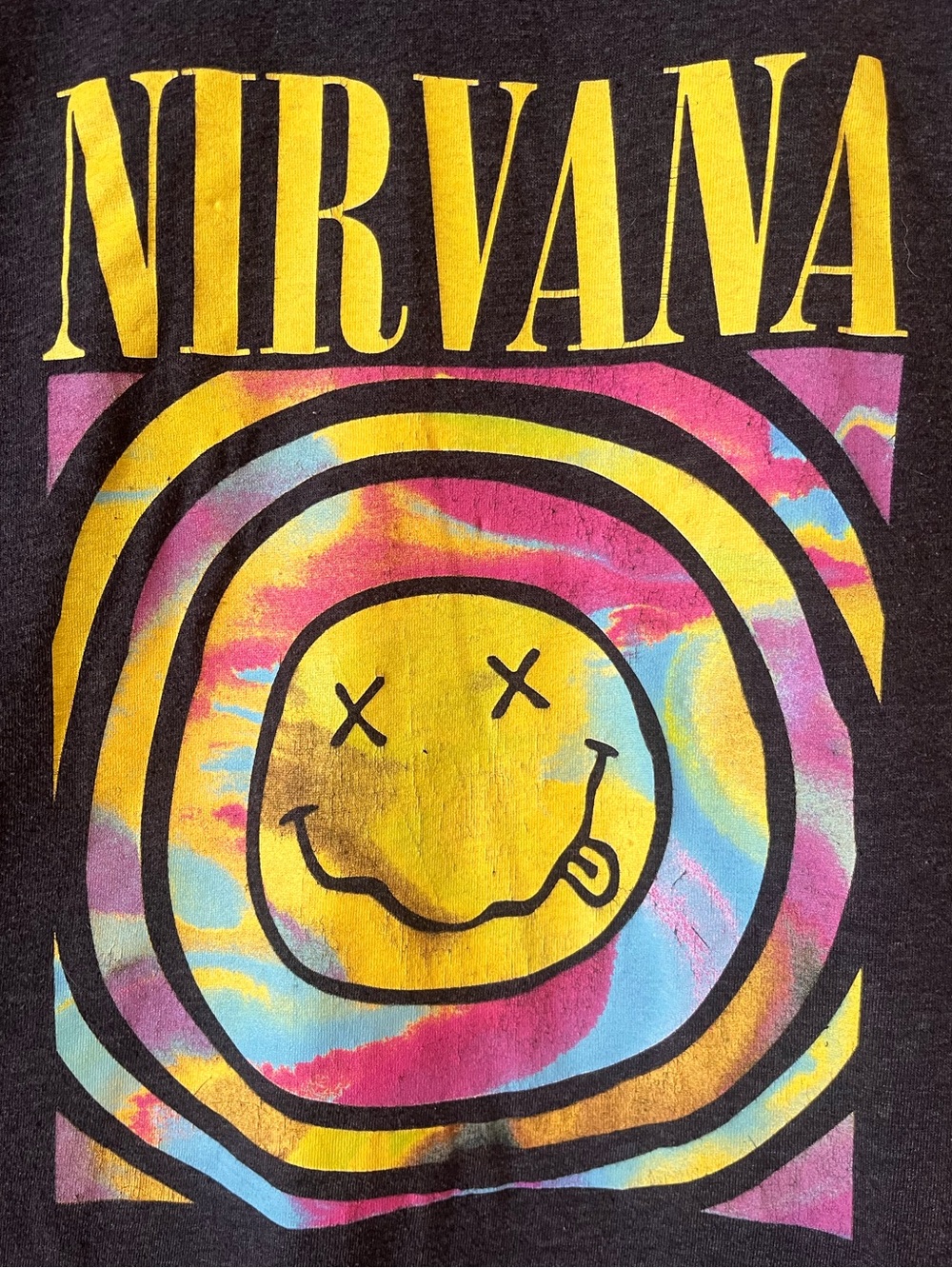 NIRVANA Heather grey tee with Yellow Logo and Pink & Blue Tie-Dye Smiley